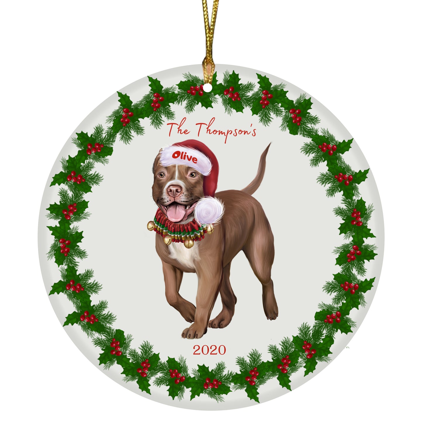 Personalized Holly Berry Trimming Pit Bull Dog Ceramic Round Flat Christmas Tree Ornament RFPOR48327