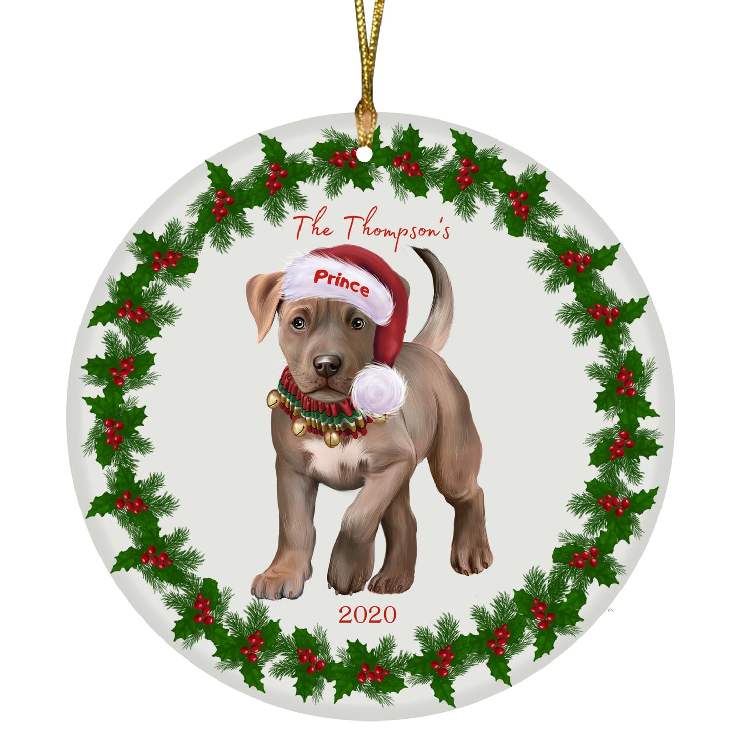 Personalized Holly Berry Trimming Pit Bull Dog Ceramic Round Flat Christmas Tree Ornament RFPOR48330
