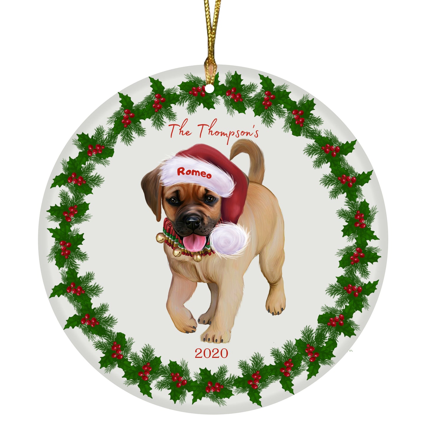 Personalized Holly Berry Trimming Puggle Dog Ceramic Round Flat Christmas Tree Ornament RFPOR48340