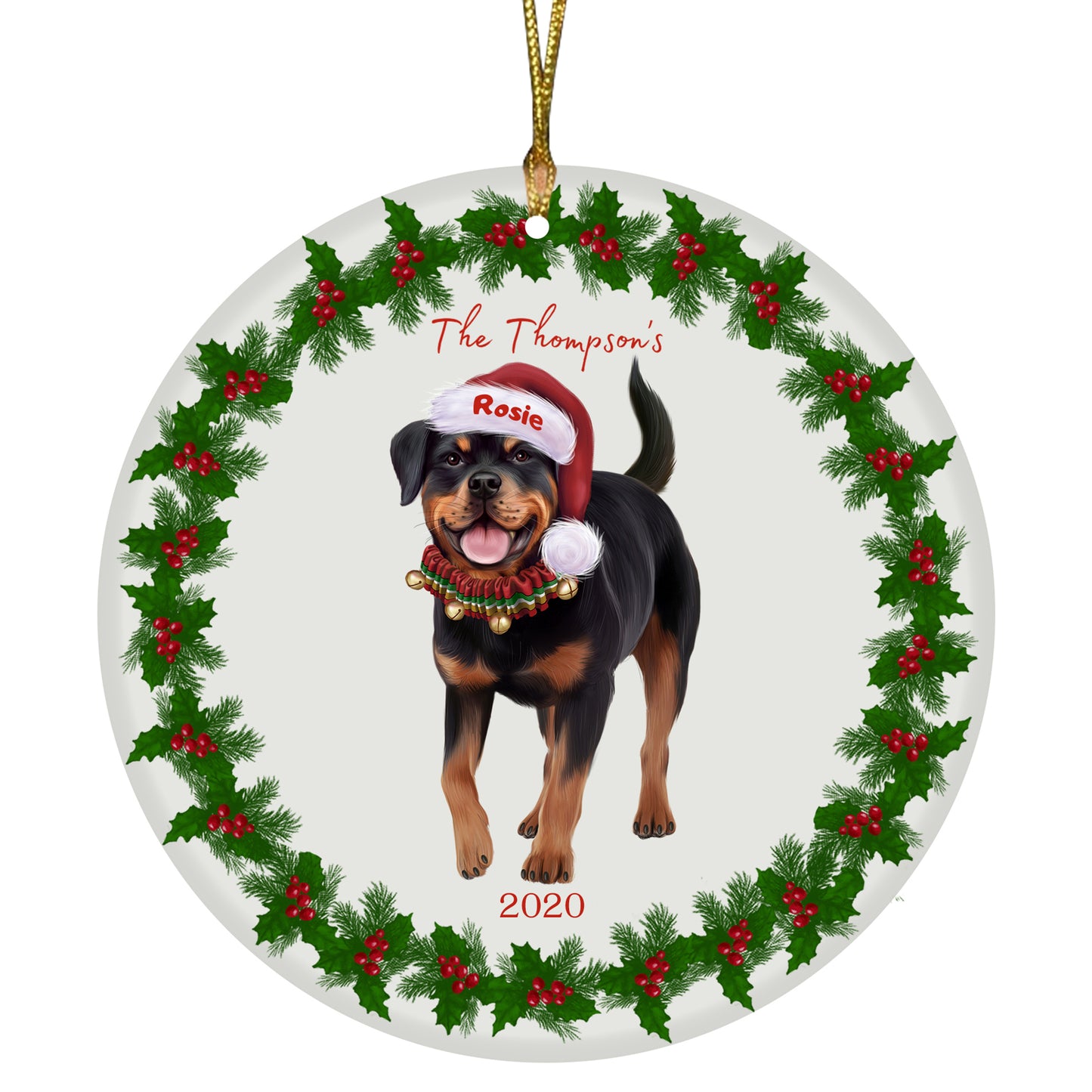 Personalized Holly Berry Trimming Rottweiler Dog Ceramic Round Flat Christmas Tree Ornament RFPOR48343