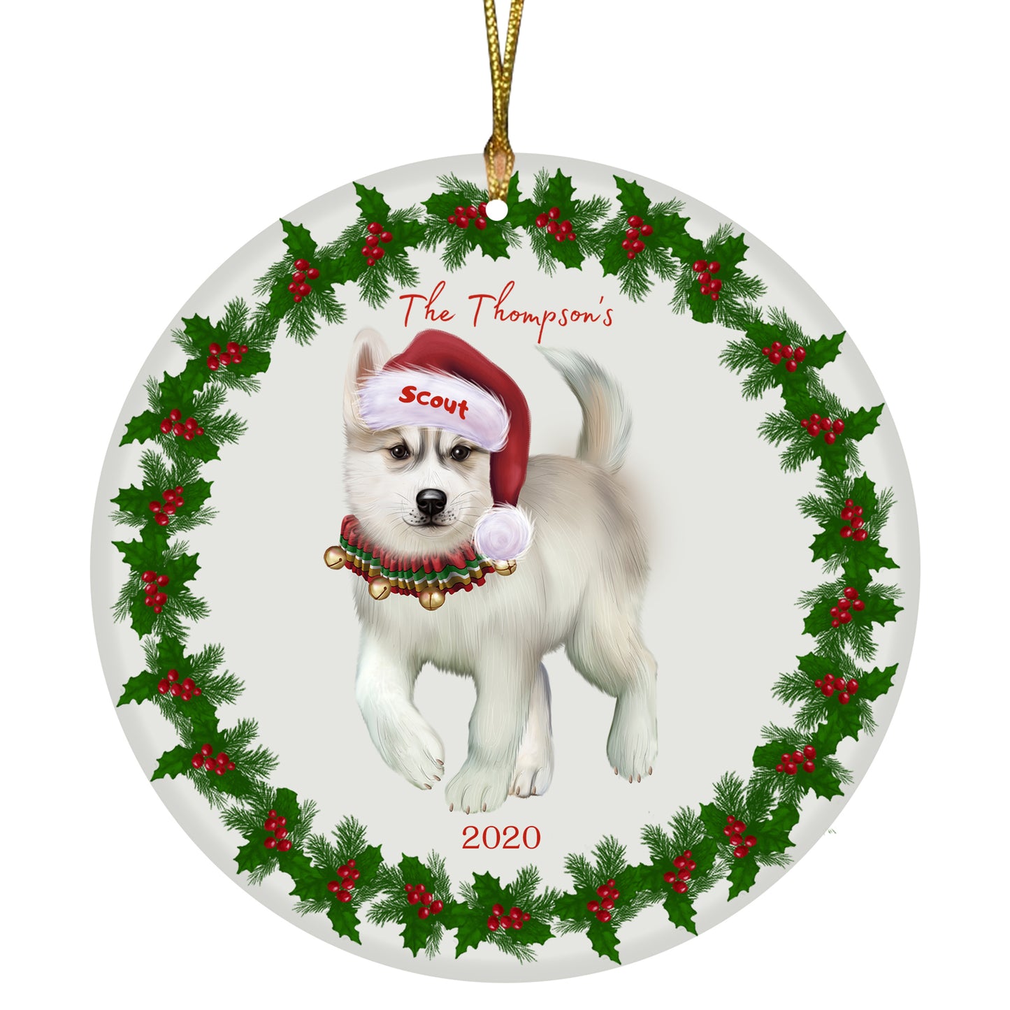 Personalized Holly Berry Trimming Siberian Husky Dog Ceramic Round Flat Christmas Tree Ornament RFPOR48358