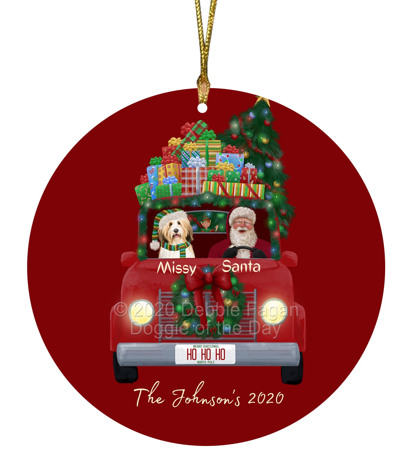 Personalized Red truck Santa with Tibetan Terrier Dog Ceramic Round Flat Christmas Tree Ornament RFPOR48087