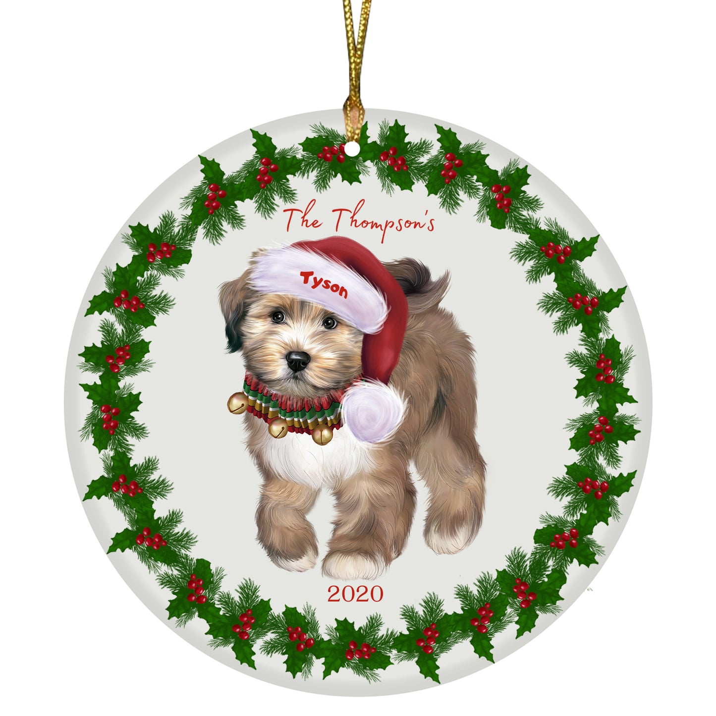Personalized Holly Berry Trimming Tibetan Terrier Dog Ceramic Round Flat Christmas Tree Ornament RFPOR48378