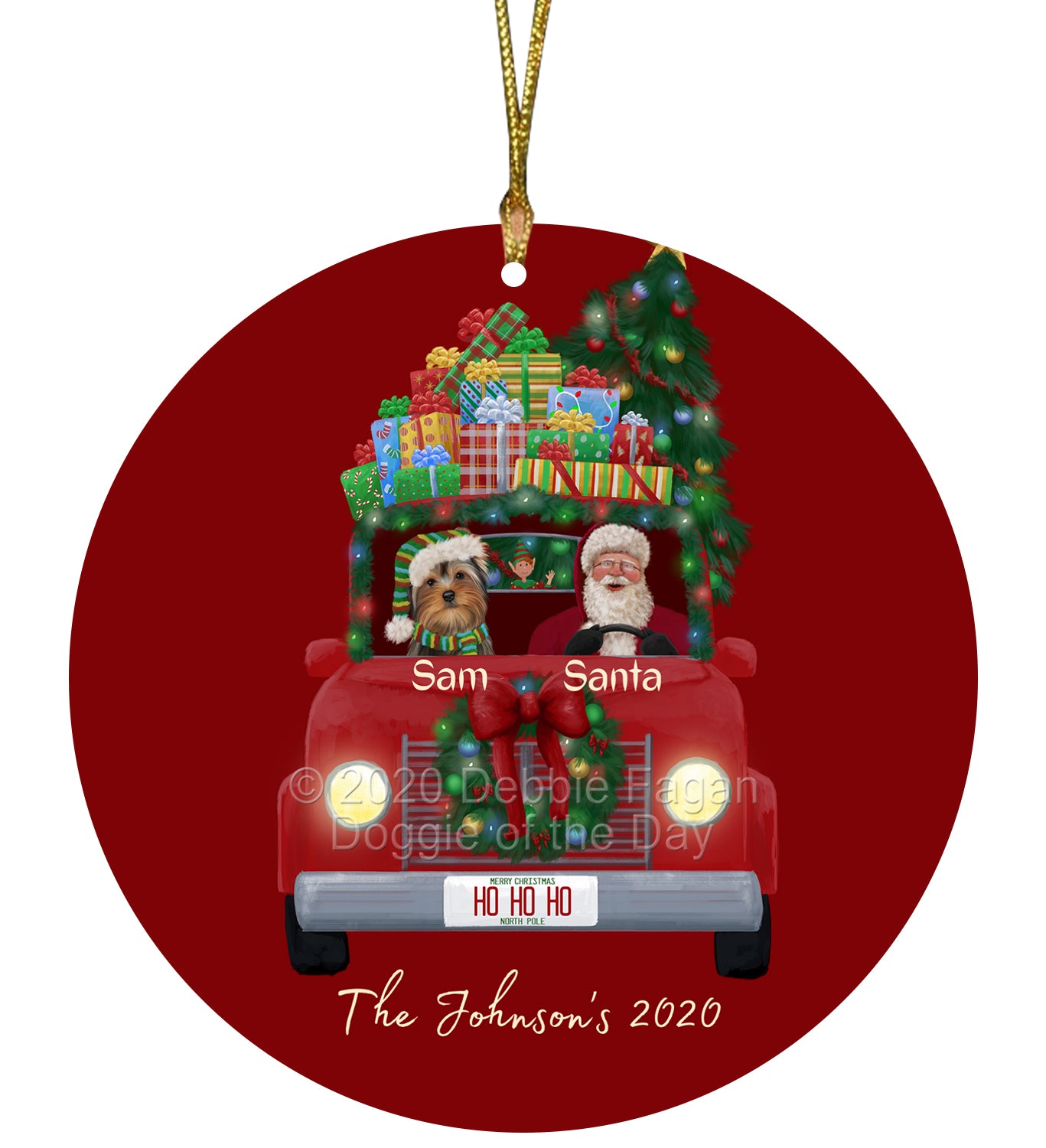Personalized Red truck Santa with Yorkshire Terrier Dog Ceramic Round Flat Christmas Tree Ornament RFPOR48098