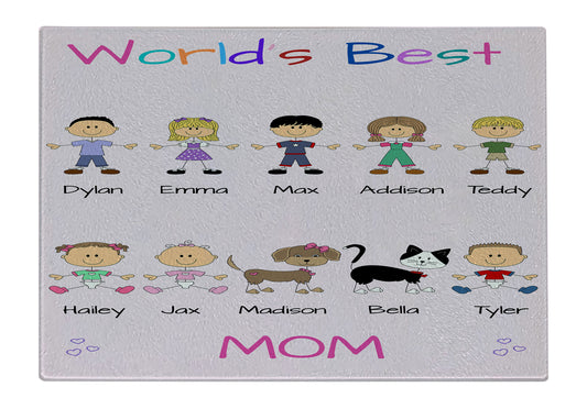 Personalized Dog Cat Pets World's Best Grandma, Aunt, Mom, Wife or Sister Glass Cutting Board