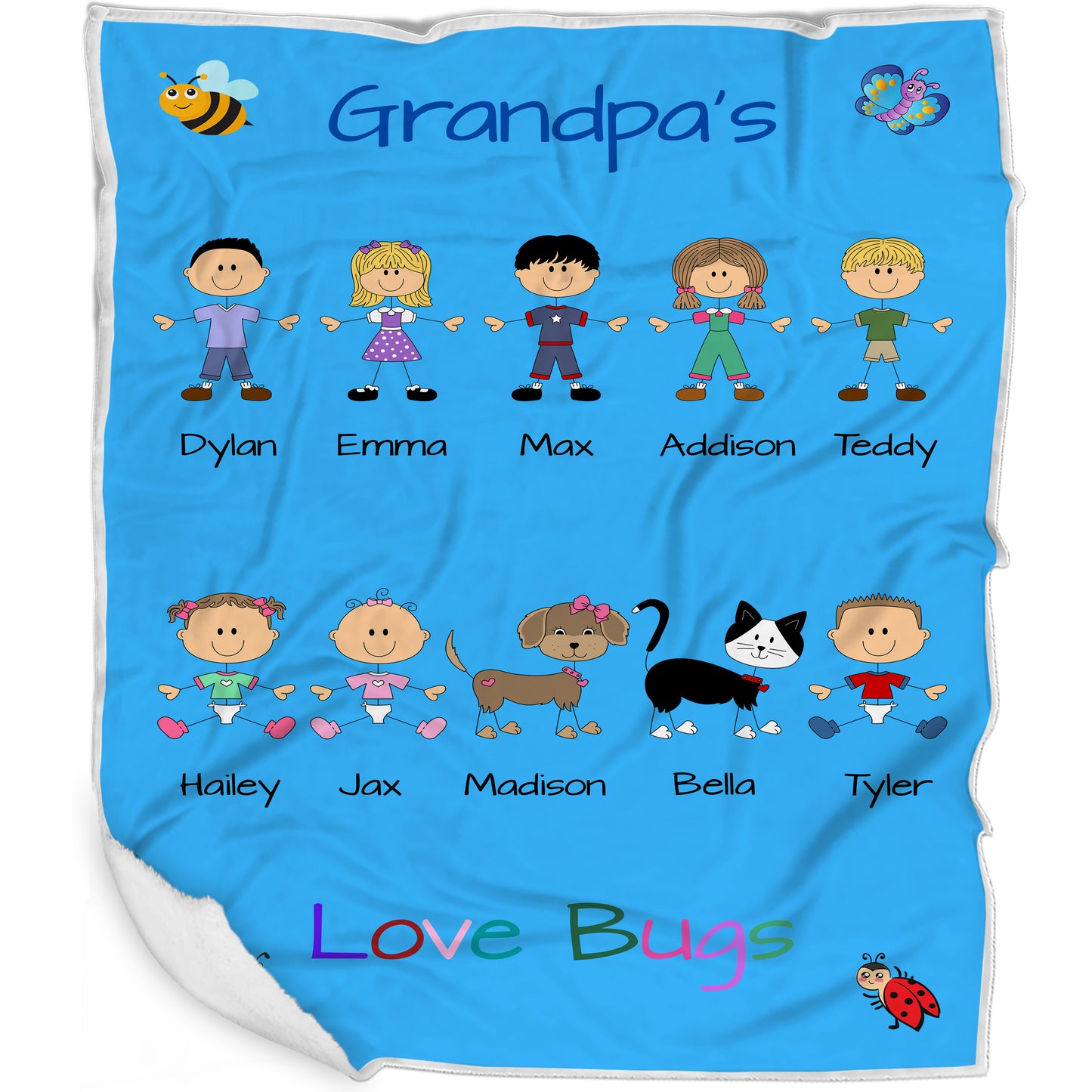 Personalized Dog Cat Pets Grandpa, Uncle, Dad, Husband or Brother Love Bugs Blanket
