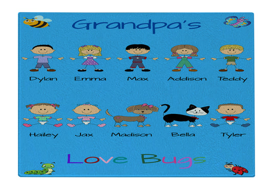 Personalized Dog Cat Pets Grandpa, Uncle, Dad, Husband or Brother's Love Bugs Glass Cutting Board