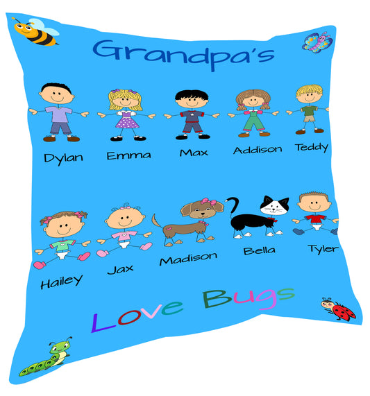 Personalized Dog Cat Pets Grandpa, Uncle, Dad, Husband or Brother's Love Bugs Pillow