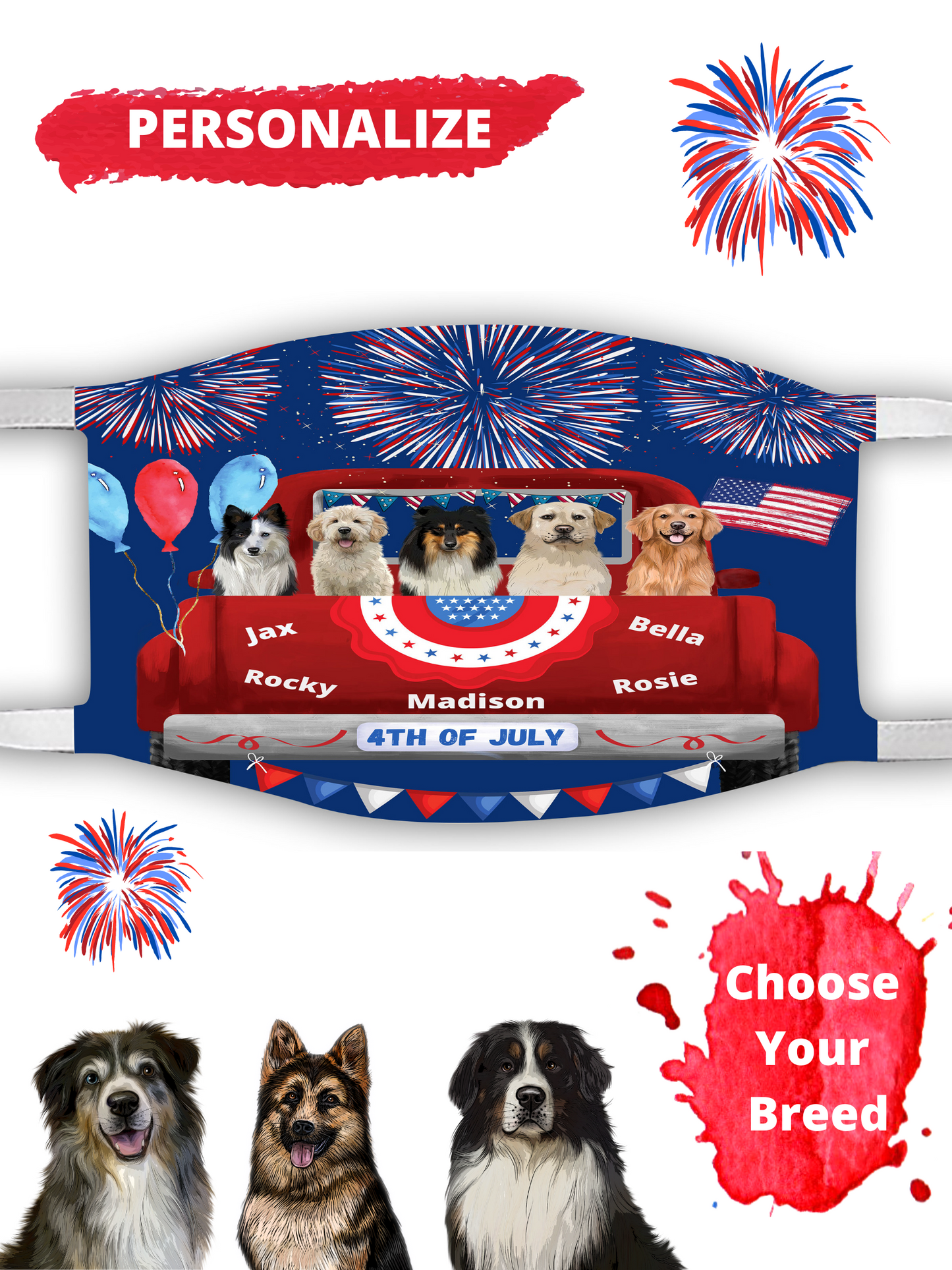 Personalized 4th of July Independence Dog Cat Pets Face Mask 1 to 5 Pets
