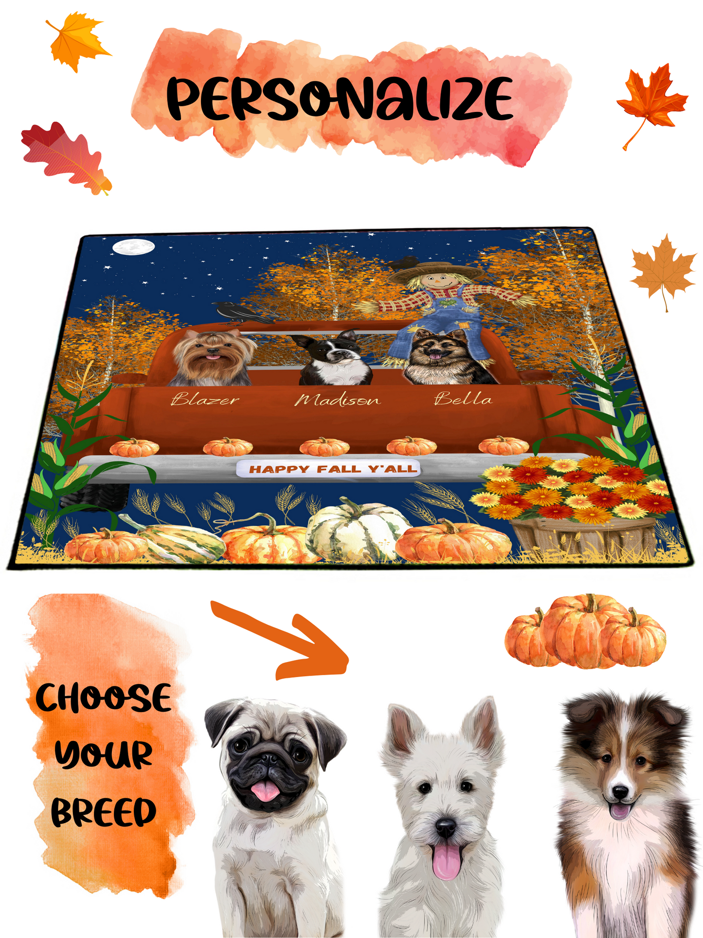 Personalized Happy Fall Y'all Dog Cat Pets Floormat 1 to 5 Pets