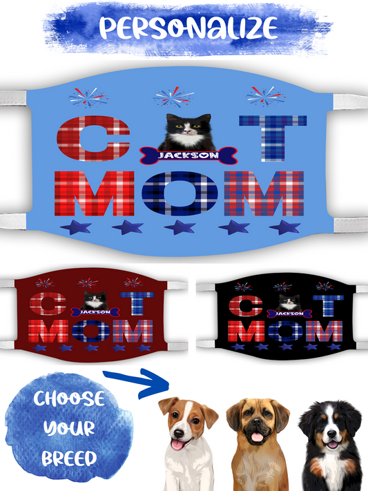 Personalized Patriotic Cat Mom Face Mask