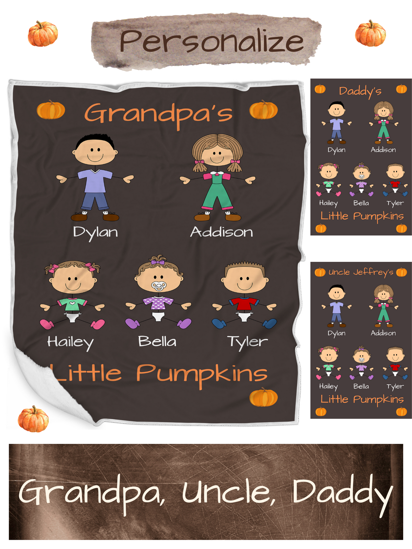 Personalized Dog Cat Pets Grandpa, Uncle, Dad, Husband or Brother Little Pumpkins Blanket