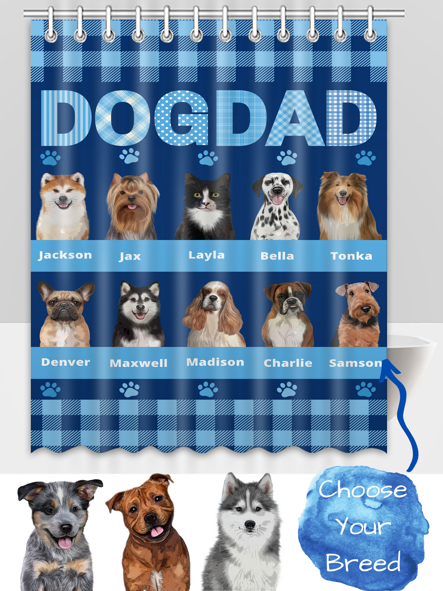 Personalized Dog DAD Pet Dog Cat Shower Curtain 1-10 pets