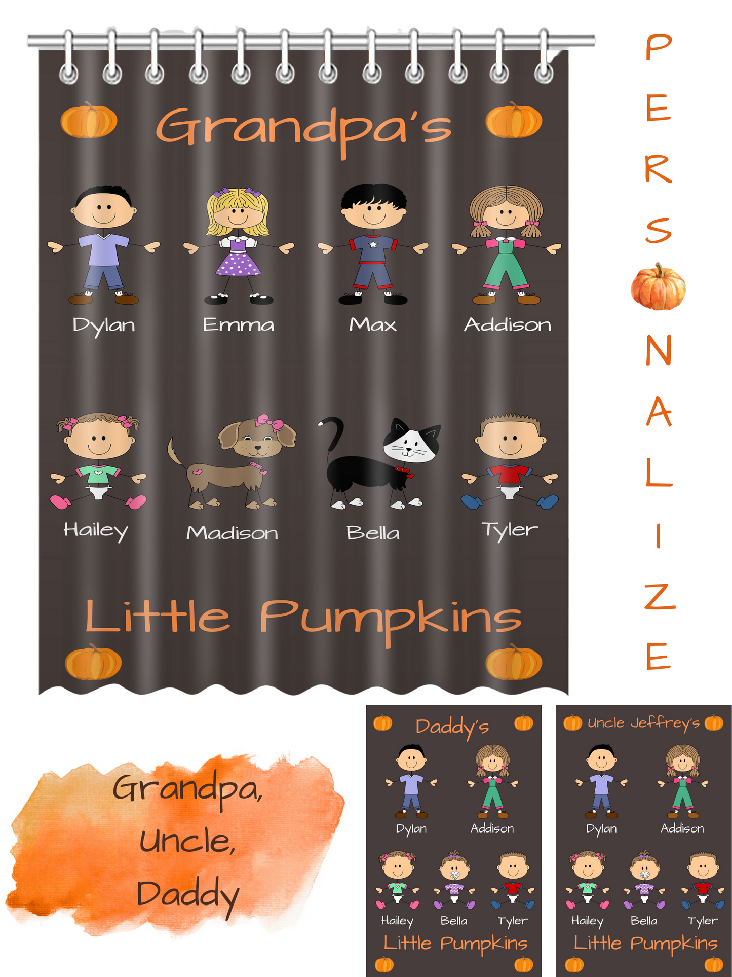 Personalized Dog Cat Pets Grandpa, Uncle, Dad, Husband or Brother's Little Pumpkins Shower Curtain