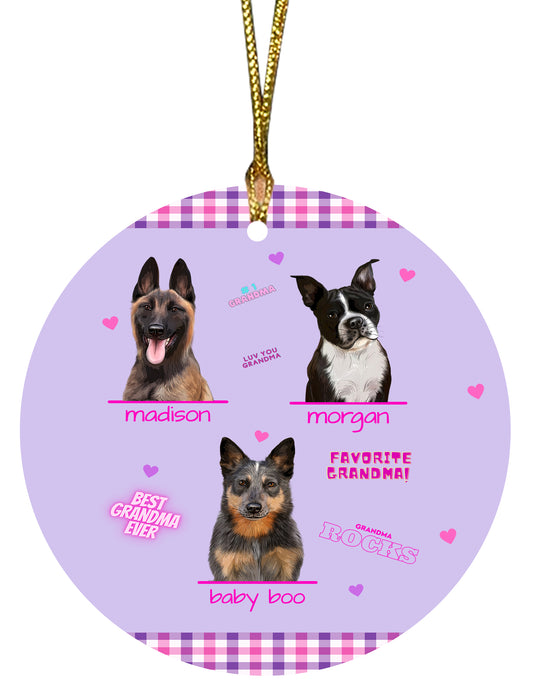 Personalized Favorite Grandma Dog Cat Pets Round Flat Christmas Tree Ornament 1-3 Pets