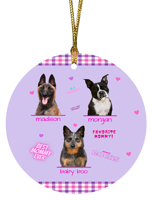 Personalized Favorite Mommy Dog Cat Pets Round Flat Christmas Tree Ornament 1-3 Pets
