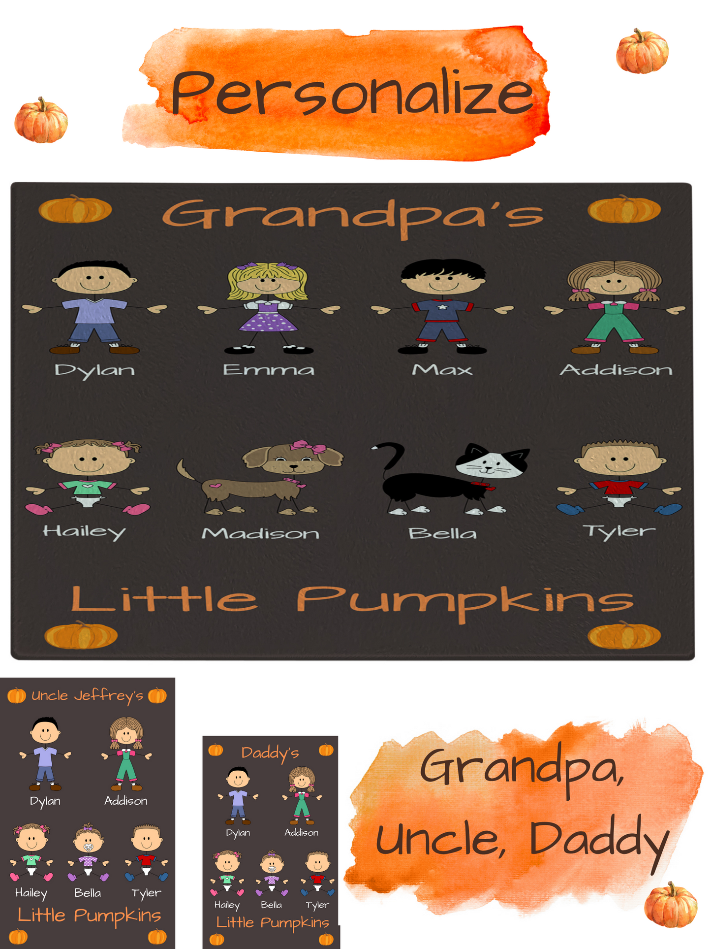 Personalized Dog Cat Pets Grandpa, Uncle, Dad, Husband or Brother's Little Pumpkins Glass Cutting Board