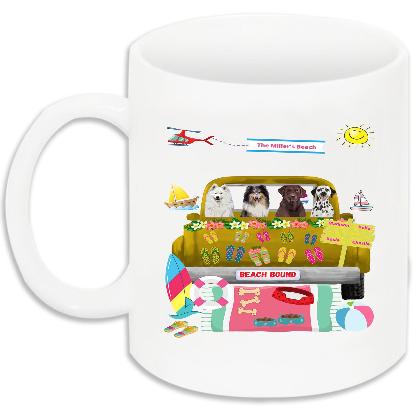 Personalized Beach Bound Dog Cat Pets Mug 1 to 5 Pets