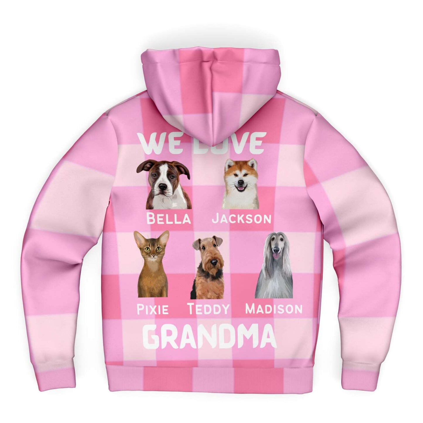 Personalized Grandma Dog Pink Gingham Microfleece Zip-Up Hoddie Hooded Lined