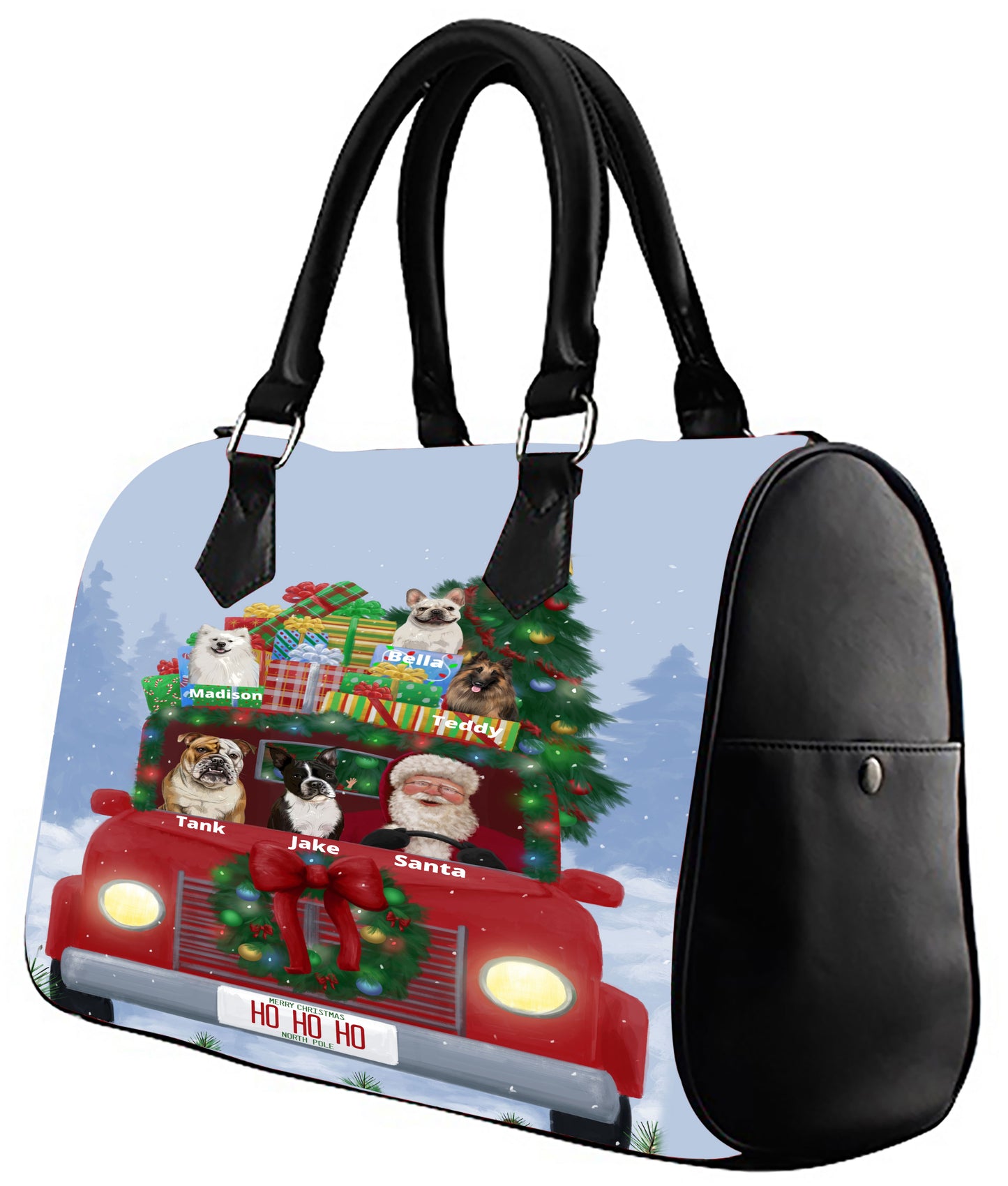 Personalized Merry Christmas Red Truck 2 Dog Cat Pets Boston Handbag 1-5 Pets