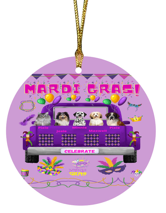 Personalized Mardi Gras Dog Cat Pets Round Flat Christmas Tree Ornament 1-5 Pets