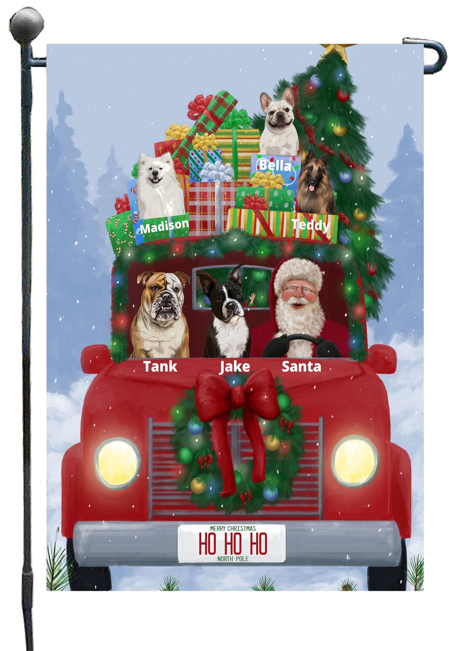 Personalized Merry Christmas Red Truck 2 Dog Cat Pets Garden Flag 1 to 5 Pets