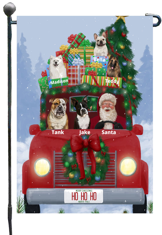 Personalized Merry Christmas Red Truck 2 Dog Cat Pets Garden Flag 1 to 5 Pets