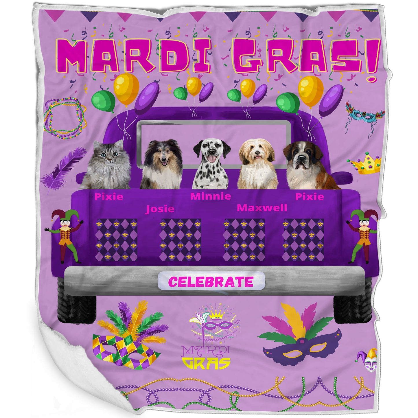 Personalized Mardi Gras Dog Cat Pets Blanket 1 to 5 Pets