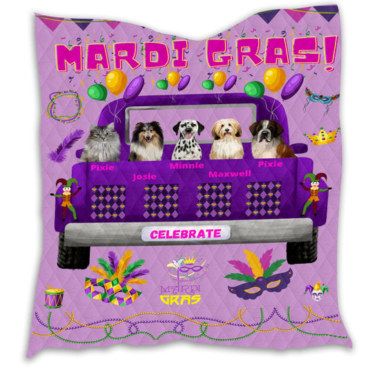 Personalized Mardi Gras Dog Cat Pets Quilt 1-5 Pets