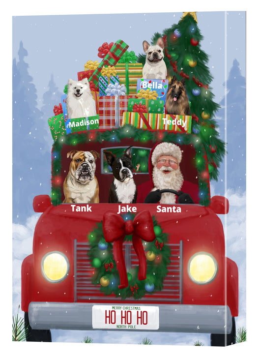 Personalized Merry Christmas Red Truck 2 Dog Cat Pets Canvas Print Wall Art Décor 1 to 5 Pets