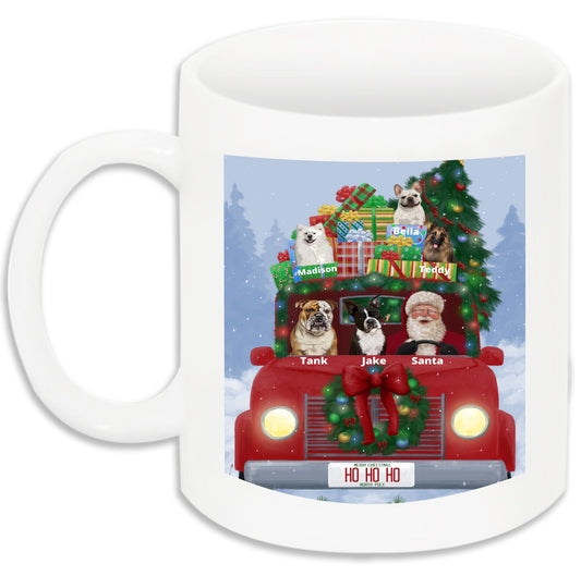 Personalized Merry Christmas Red Truck 2 Dog Cat Pets Mug 1 to 5 Pets