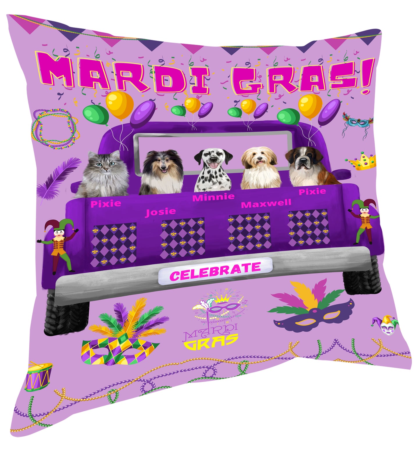 Personalized Mardi Gras Dog Cat Pets Pillow 1-5 Pets