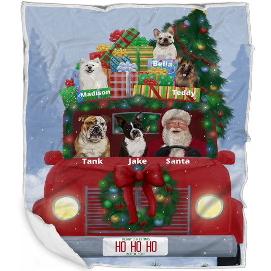 Personalized Merry Christmas Red Truck 2 Dog Cat Pets Blanket 1 to 5 Pets
