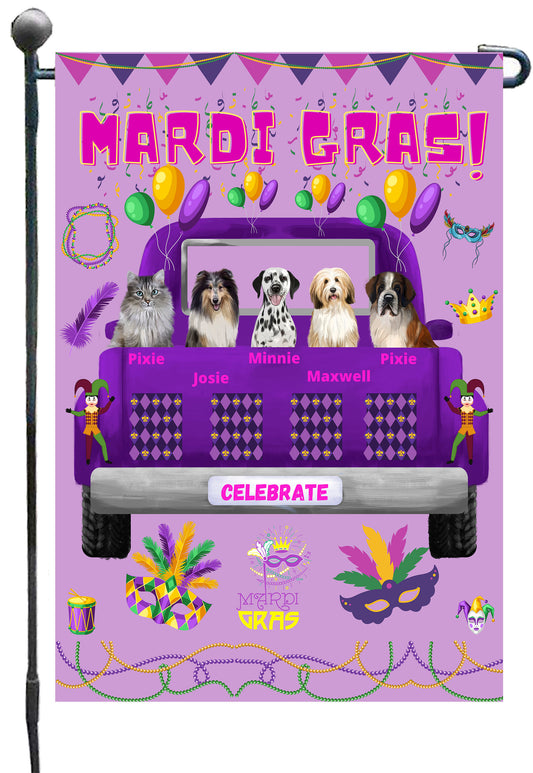 Personalized Mardi Gras Dog Cat Pets Garden Flag 1 to 5 Pets