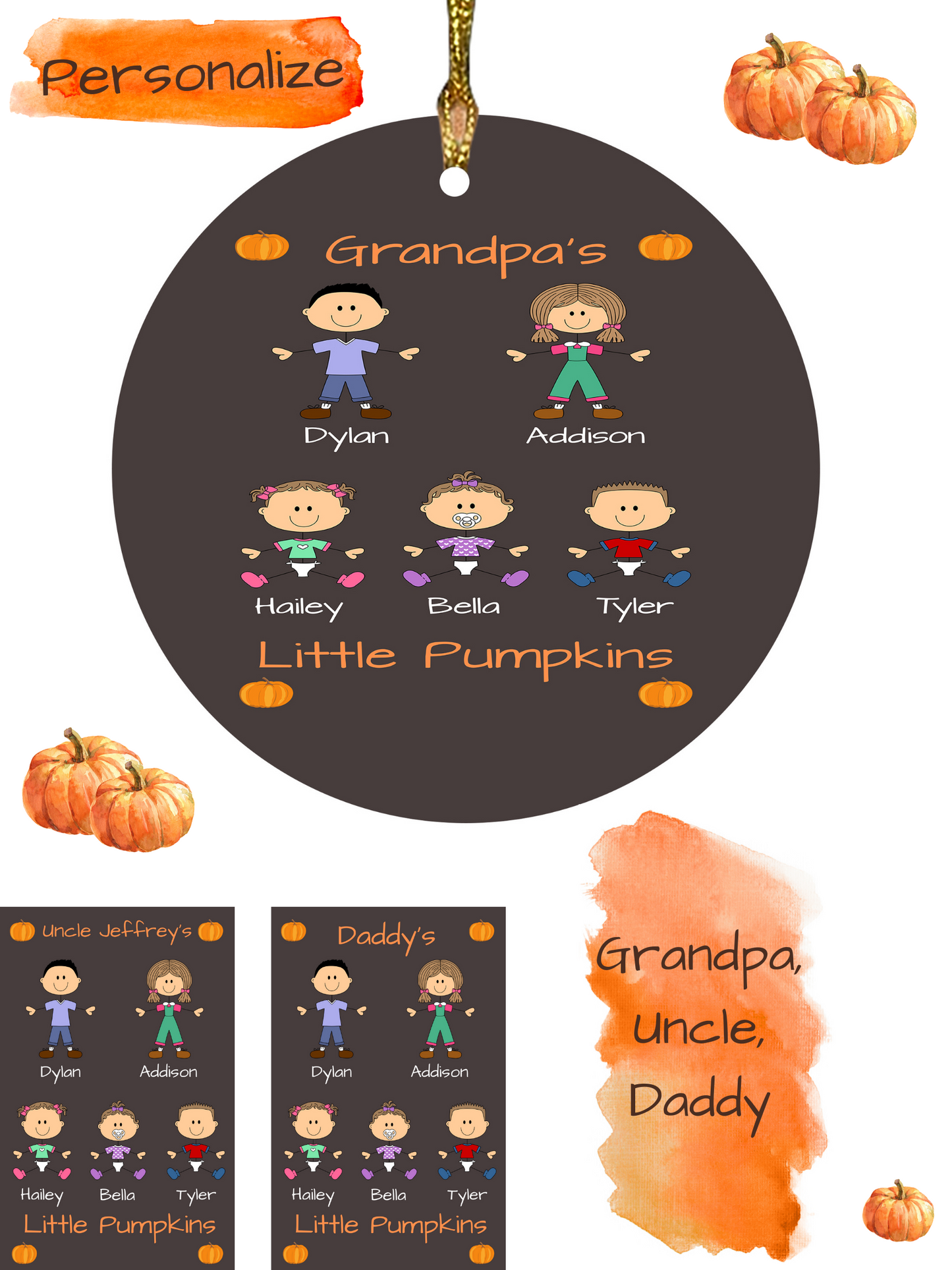 Personalized Dog Cat Pets Grandpa, Uncle, Dad, Husband or Brother's Little Pumpkins Round Flat Christmas Tree Ornament