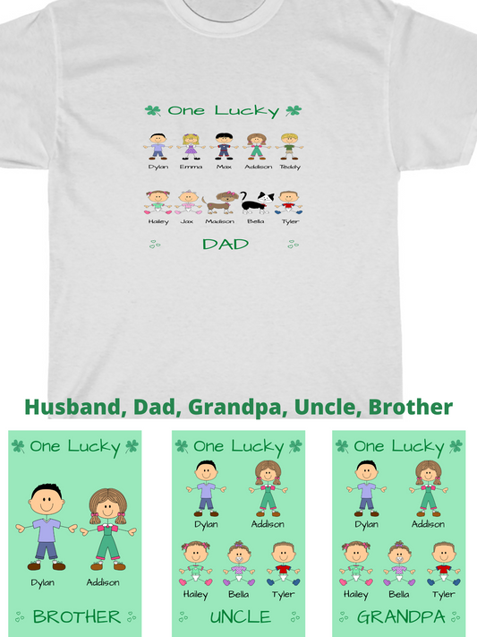Personalized Dog Cat Pets One Lucky Grandpa, Uncle, Dad, Husband or Brother Cotton T-Shirt