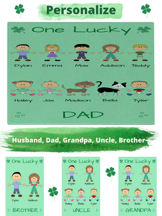 Personalized One Lucky Dog Cat Pets Grandpa, Uncle, Dad, Husband or Brother Glass Cutting Board
