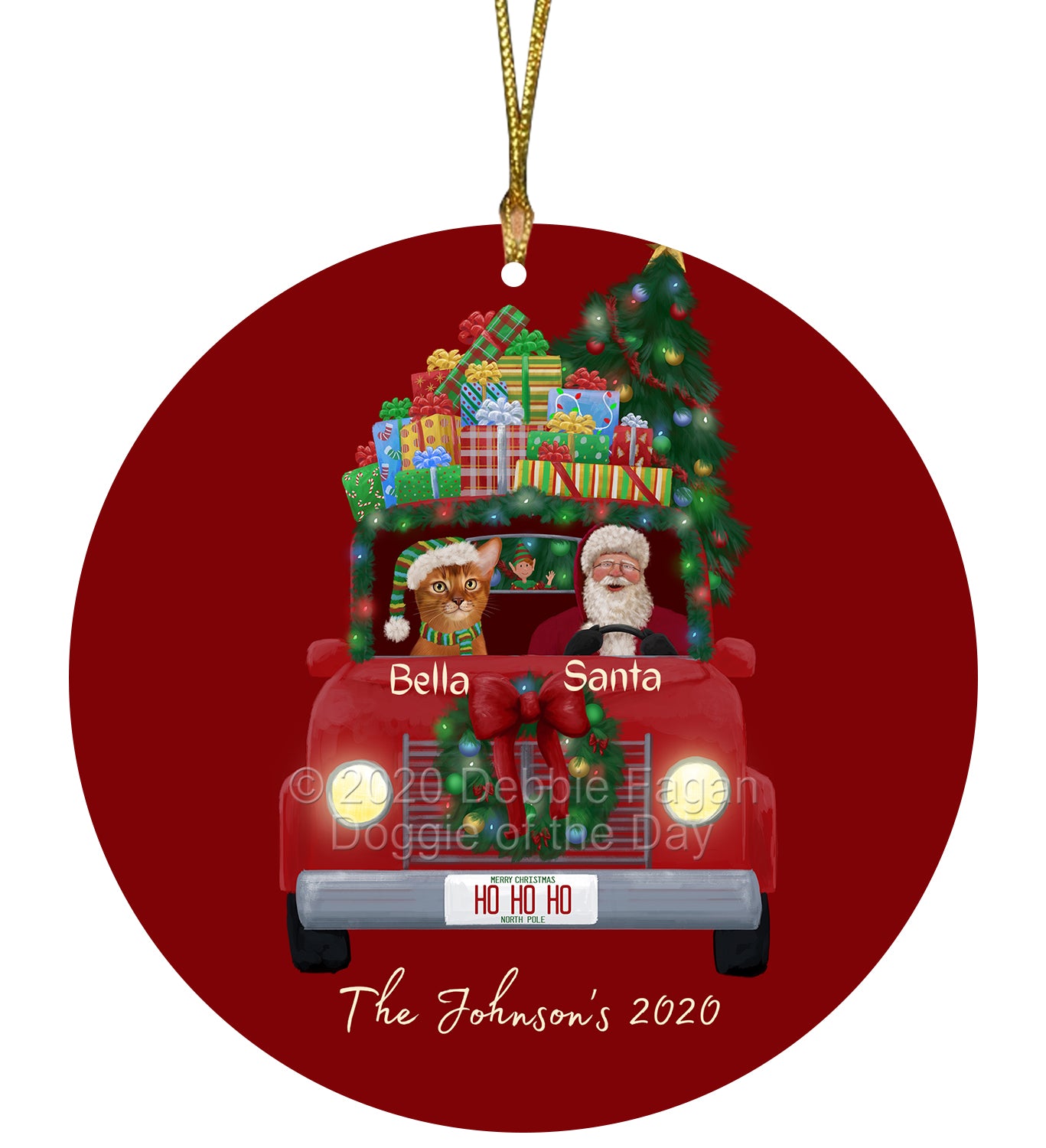Personalized Red truck Santa with Abyssinian Cat Ceramic Round Flat Christmas Tree Ornament RFPOR48001