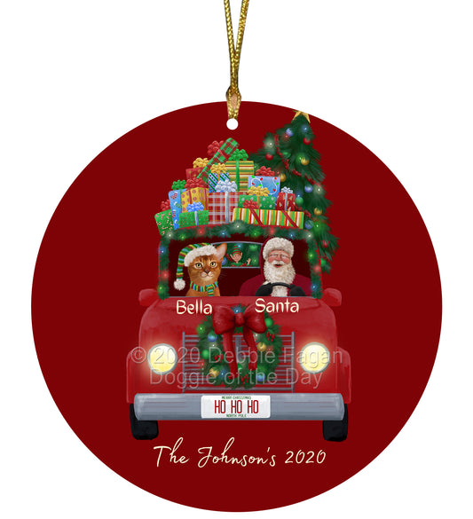 Personalized Red truck Santa with Abyssinian Cat Ceramic Round Flat Christmas Tree Ornament RFPOR48001