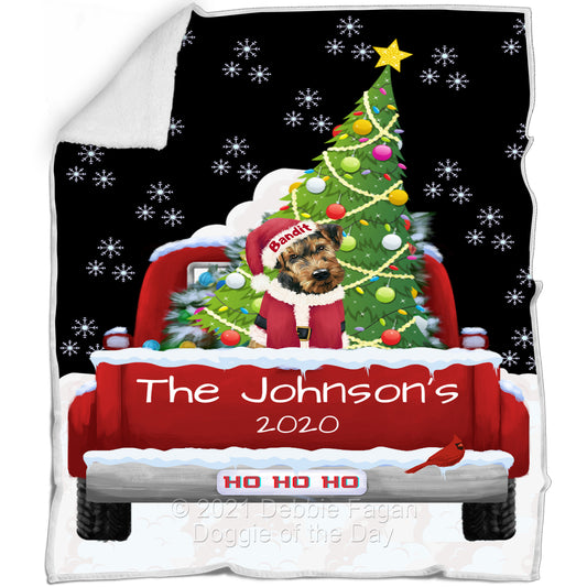 Personalized Travlin' Home for the Holidays Red Truck Airedale Dog Blanket BLNKTPERZ48003