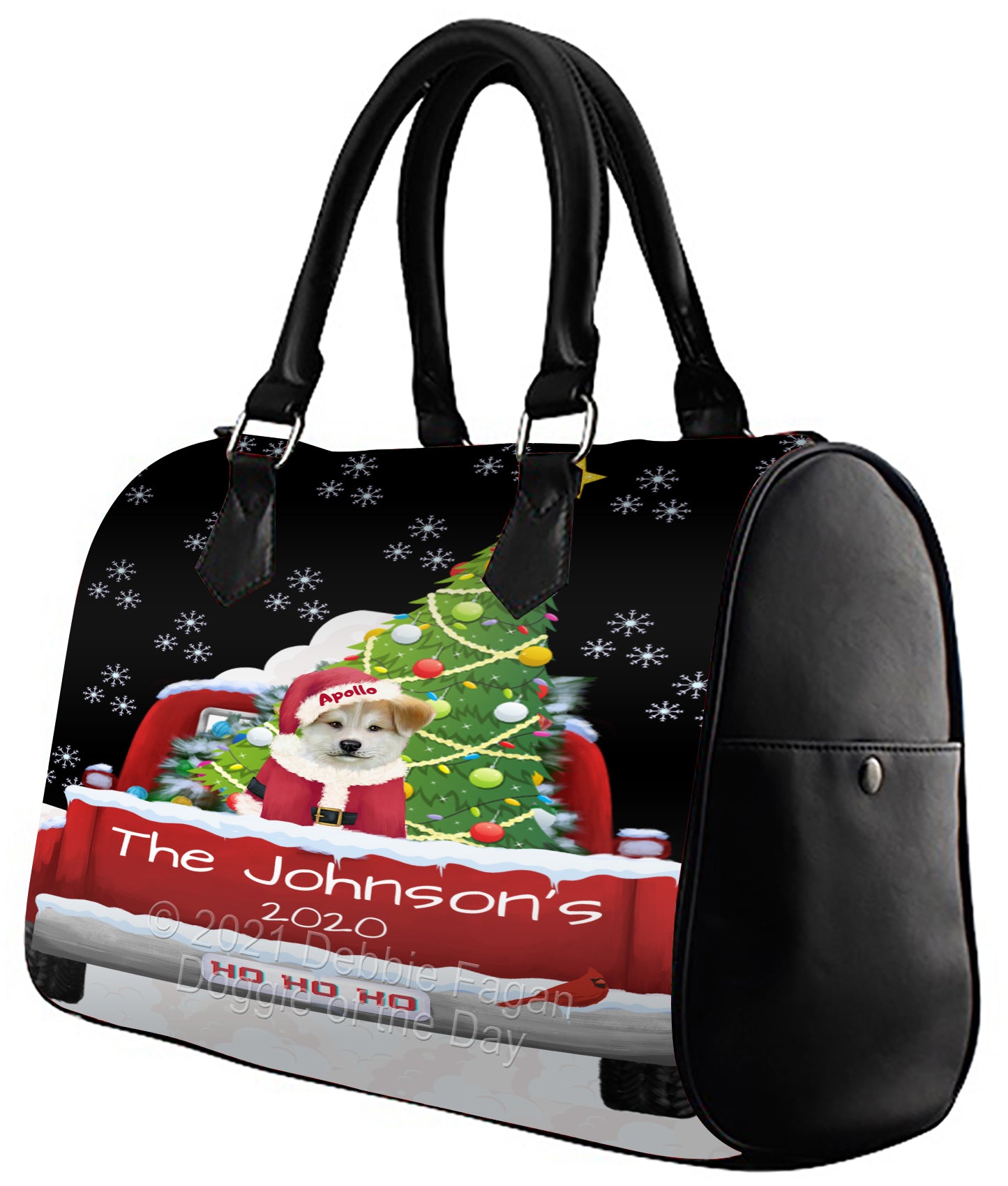 Personalized Travlin' Home for the Holidays Red Truck Akita Dog Boston Handbag BHBPERZ48004