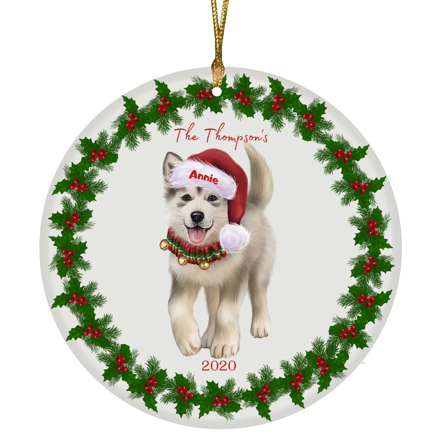 Personalized Holly Berry Trimming Alaskan Malamute Dog Ceramic Round Flat Christmas Tree Ornament RFPOR48197