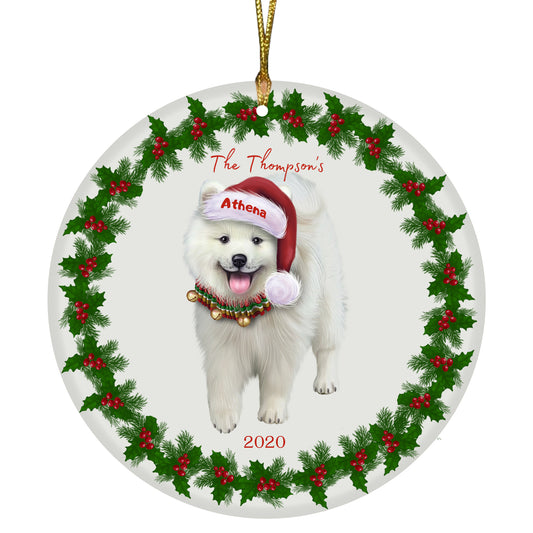 Personalized Holly Berry Trimming American Eskimo Dog Ceramic Round Flat Christmas Tree Ornament RFPOR48199