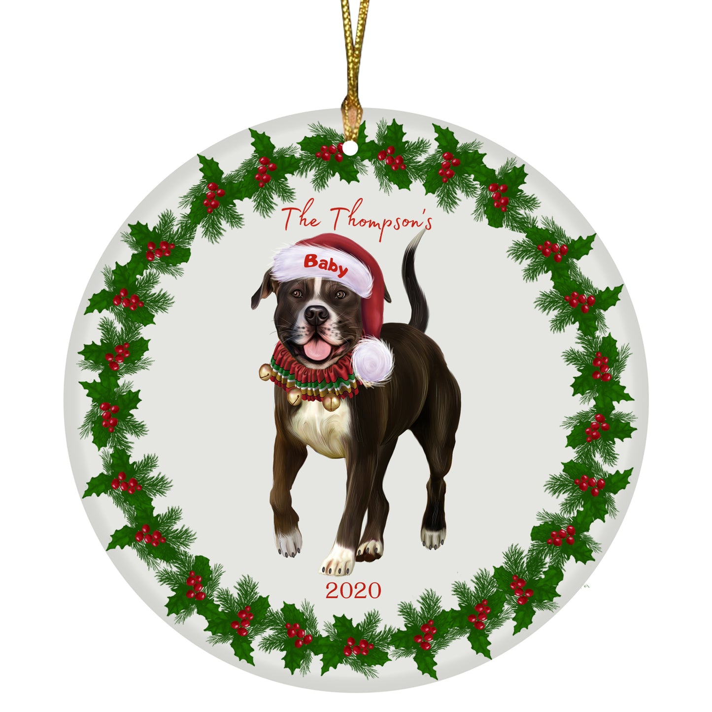 Personalized Holly Berry Trimming American Staffordshire Terrier Dog Ceramic Round Flat Christmas Tree Ornament RFPOR48200