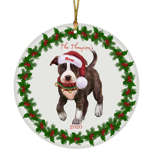 Personalized Holly Berry Trimming American Staffordshire Terrier Dog Ceramic Round Flat Christmas Tree Ornament RFPOR48201