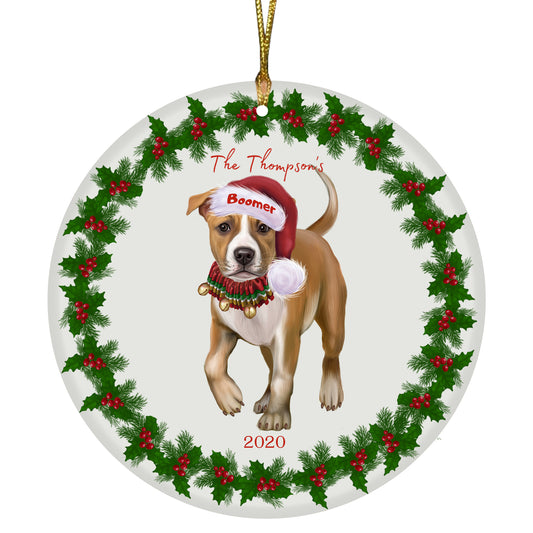 Personalized Holly Berry Trimming American Staffordshire Terrier Dog Ceramic Round Flat Christmas Tree Ornament RFPOR48202
