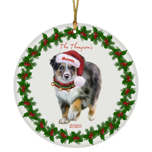 Personalized Holly Berry Trimming Australian Shepherd Dog Ceramic Round Flat Christmas Tree Ornament RFPOR48208
