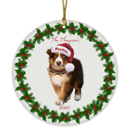 Personalized Holly Berry Trimming Australian Shepherd Dog Ceramic Round Flat Christmas Tree Ornament RFPOR48209