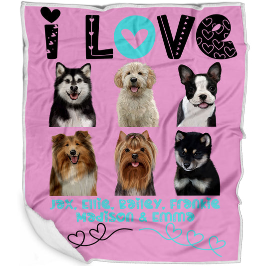 Personalized I Love Dog Cat Pets Blanket 1 to 6 Pets