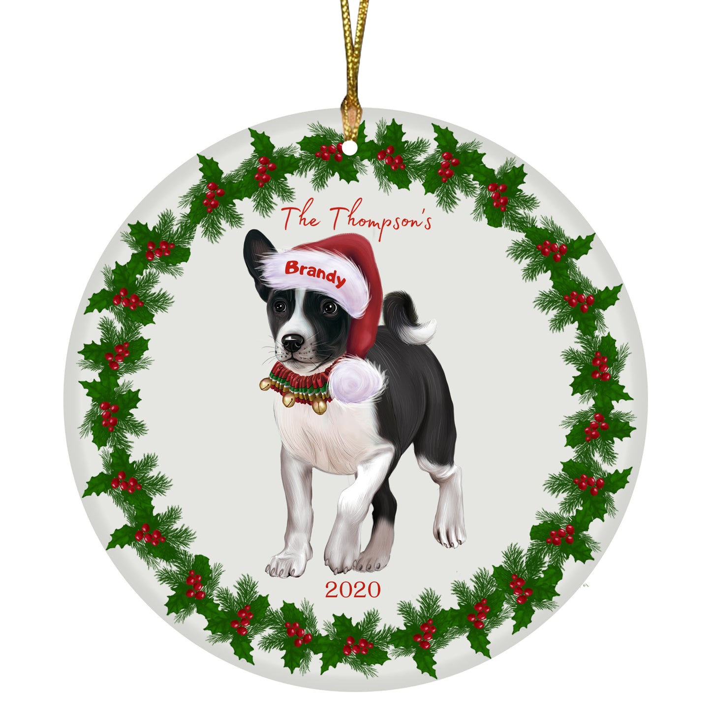Personalized Holly Berry Trimming Basenji Dog Ceramic Round Flat Christmas Tree Ornament RFPOR48211